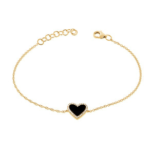 14k Gold Diamond & Black Agate Heart Bracelet