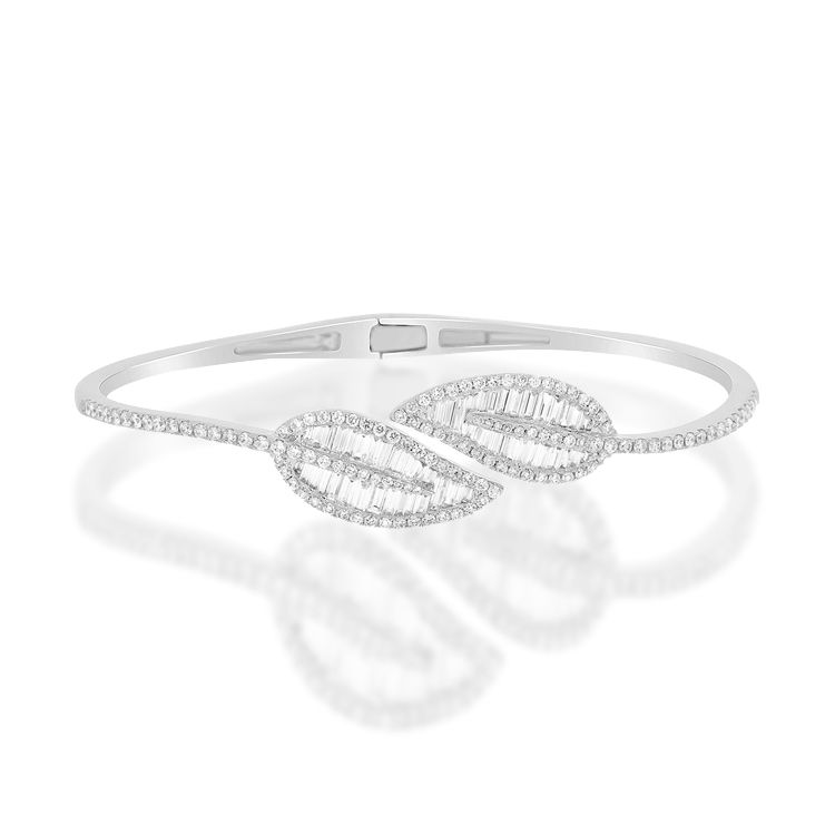 14k Gold & Diamond Leaf Bangle Bracelet