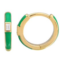 Load image into Gallery viewer, 14k Gold &amp; Diamond Green Enamel Huggies