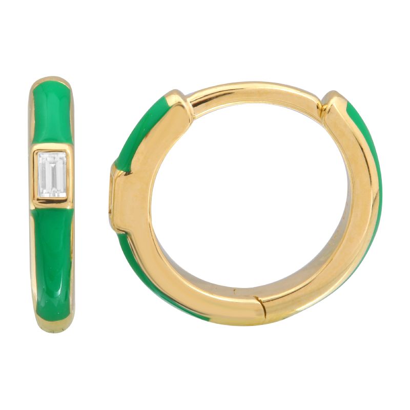 14k Gold & Diamond Green Enamel Huggies