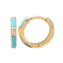 Load image into Gallery viewer, 14k Gold &amp; Diamond Turquoise Enamel Huggies