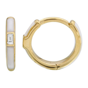14k Gold & Diamond White Enamel Huggies