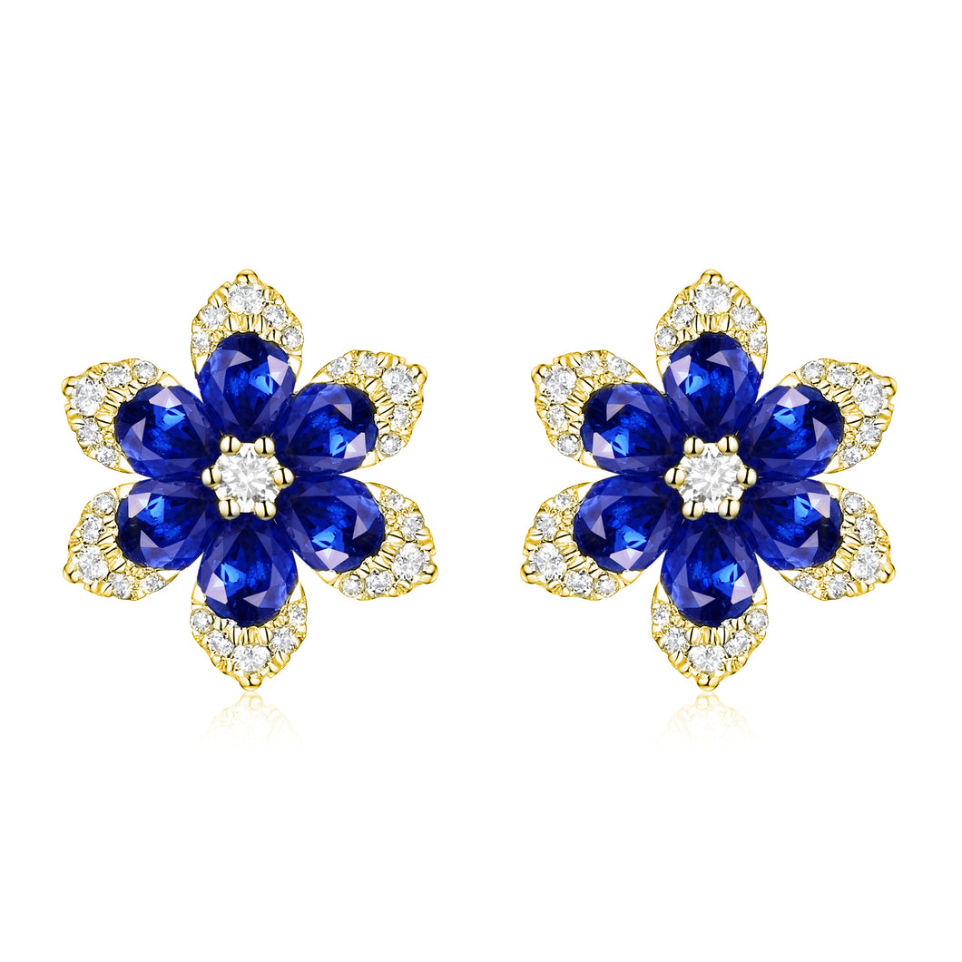 14k Gold Diamond & Sapphire Flower Stud Earrings