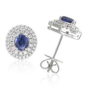 14k Gold Blue Sapphire & Diamond Oval Stud Earrings