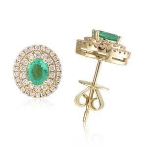 18k Gold Diamond & Green Emerald Oval Stud Earrings