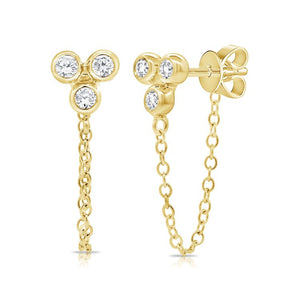 14K Gold & Diamond 3-Stone Dangle Chain Earrings