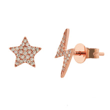 Load image into Gallery viewer, 14k Gold &amp; Diamond Stud &amp; Lightning Bolt Mis-Matched  Stud Earrings