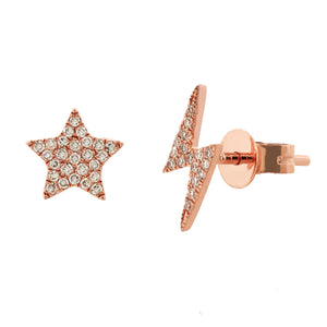 14k Gold & Diamond Stud & Lightning Bolt Mis-Matched  Stud Earrings