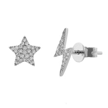Load image into Gallery viewer, 14k Gold &amp; Diamond Stud &amp; Lightning Bolt Mis-Matched  Stud Earrings