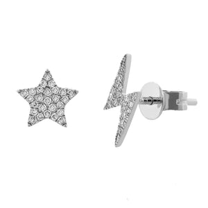 14k Gold & Diamond Stud & Lightning Bolt Mis-Matched  Stud Earrings