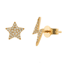 Load image into Gallery viewer, 14k Gold &amp; Diamond Stud &amp; Lightning Bolt Mis-Matched  Stud Earrings