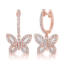 Load image into Gallery viewer, 14k Gold &amp; Baguette Diamond Butterfly Dangle Earrings