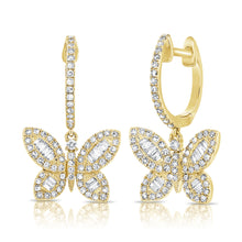 Load image into Gallery viewer, 14k Gold &amp; Baguette Diamond Butterfly Dangle Earrings