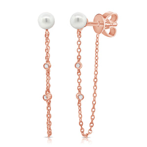 14K Gold Pearl & Diamond Chain Dangle Earrings