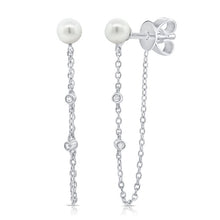 Load image into Gallery viewer, 14K Gold Pearl &amp; Diamond Chain Dangle Earrings
