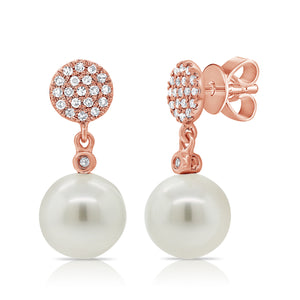 14k Gold Pearl & Diamond Dangle Stud Earrings