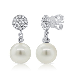 14k Gold Pearl & Diamond Dangle Stud Earrings
