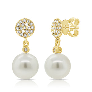 14k Gold Pearl & Diamond Dangle Stud Earrings