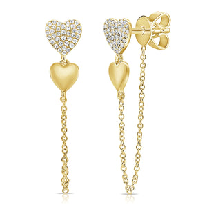 14K Gold & Diamond Heart Chain Dangle Earrings