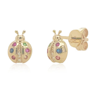 14k Gold Diamond & Sapphire Ladybug Stud Earrings