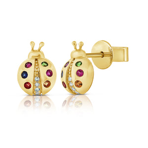 14k Gold Diamond & Sapphire Ladybug Stud Earrings