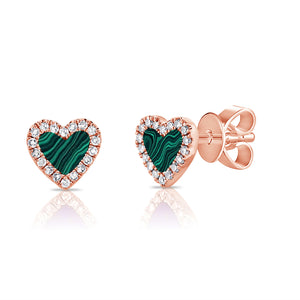 14k Gold Diamond & Malachite Heart Stud Earrings