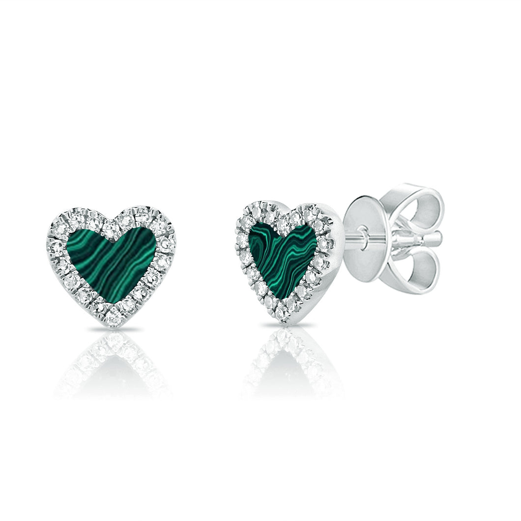 14k Gold Diamond & Malachite Heart Stud Earrings