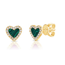 Load image into Gallery viewer, 14k Gold Diamond &amp; Malachite Heart Stud Earrings