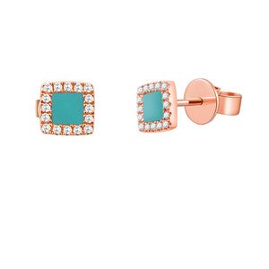 14k Gold Turquoise & Diamond Square Stud Earrings