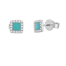 Load image into Gallery viewer, 14k Gold Turquoise &amp; Diamond Square Stud Earrings
