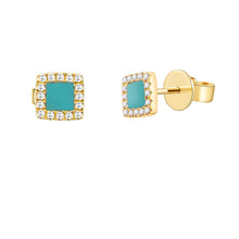 Load image into Gallery viewer, 14k Gold Turquoise &amp; Diamond Square Stud Earrings
