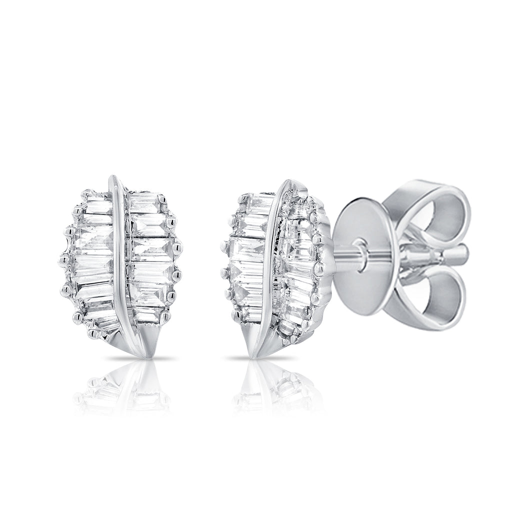 14k Gold & Baguette Diamond Leaf Stud Earrings