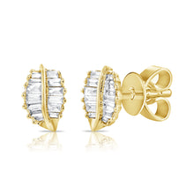 Load image into Gallery viewer, 14k Gold &amp; Baguette Diamond Leaf Stud Earrings