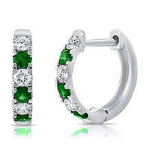 Load image into Gallery viewer, 14K Gold Emerald &amp; Diamond Alternating Huggie Earring