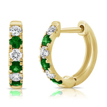 Load image into Gallery viewer, 14K Gold Emerald &amp; Diamond Alternating Huggie Earring