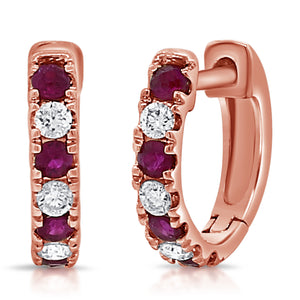 14K Gold Alternating Ruby & Diamond Huggie Earrings