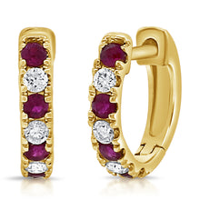 Load image into Gallery viewer, 14K Gold Alternating Ruby &amp; Diamond Huggie Earrings