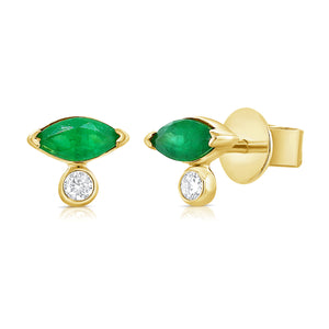 14k Gold Green Emerald Marquise & Diamond Stud Earrings
