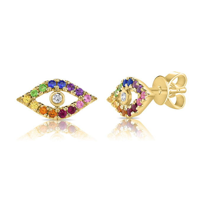 14K Gold & Rainbow Sapphire Evil Eye Stud Earrings