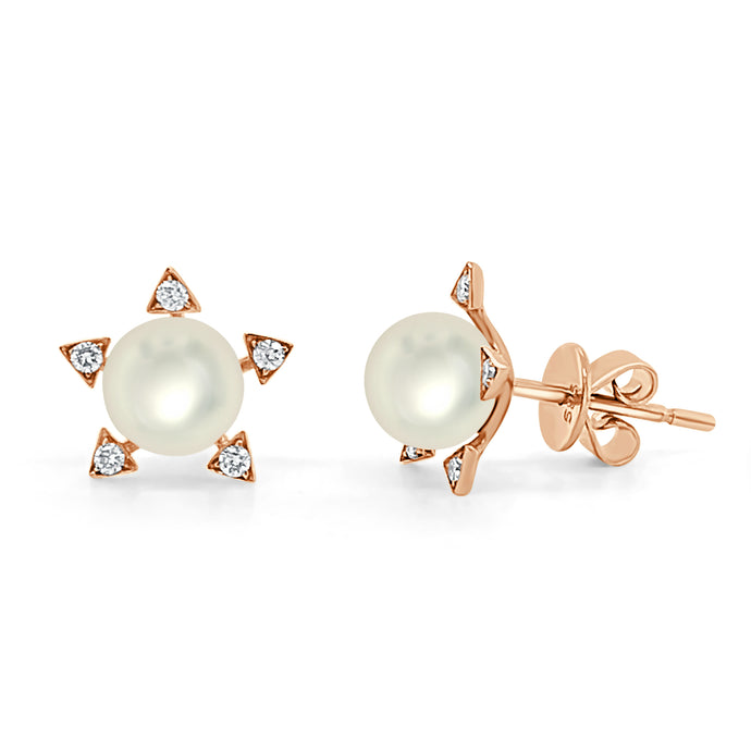 14k Gold Pearl & Diamond Star Stud Earrings
