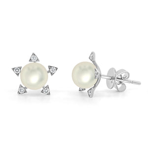 14k Gold Pearl & Diamond Star Stud Earrings