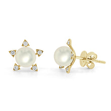 Load image into Gallery viewer, 14k Gold Pearl &amp; Diamond Star Stud Earrings