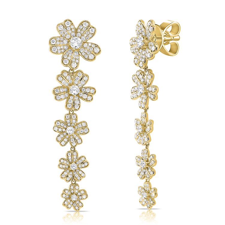 14K Gold & Diamond Flower Dangle Earrings