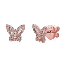 Load image into Gallery viewer, 14k Gold &amp; Baguette Diamond Butterfly Stud Earrings