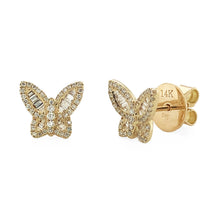 Load image into Gallery viewer, 14k Gold &amp; Baguette Diamond Butterfly Stud Earrings