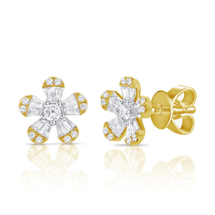 14k Gold & Diamond Baguette Flower Stud Earrings