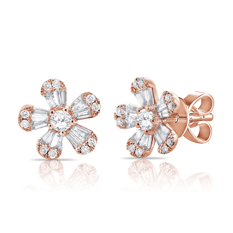 14k Gold & Diamond Baguette Flower Stud Earrings – Sabrina Design