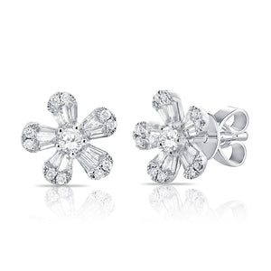 14k Gold & Diamond Baguette Flower Stud Earrings