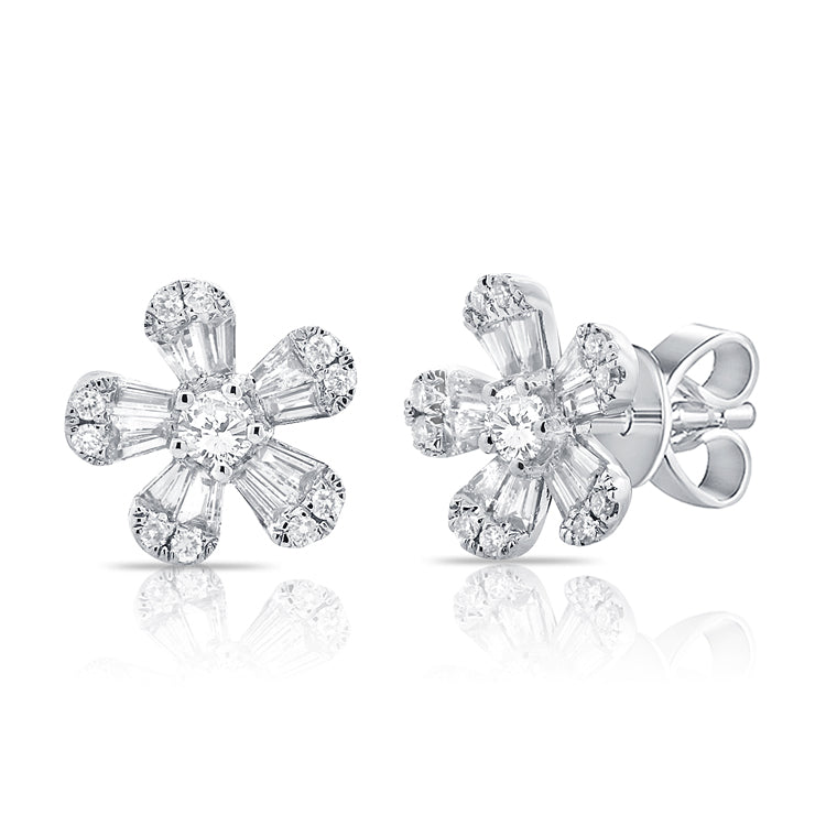 14k Gold & Diamond Baguette Flower Stud Earrings