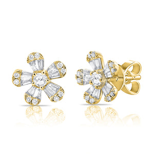 14k Gold & Diamond Baguette Flower Stud Earrings